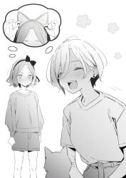 2girls :&lt; animal_ear_hairband animal_ears blush bow_hairband cat cat_ear_hairband cat_ears closed_eyes closed_mouth commentary earrings ebizuka_tomo fake_animal_ears fang girls_band_cry greyscale hairband highres imagining jewelry long_sleeves looking_at_another lwmina70119 mole mole_under_eye monochrome multiple_girls open_mouth rupa_(girls_band_cry) short_hair short_sleeves skirt smile speech_bubble stud_earrings thought_bubble