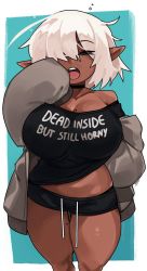 1girl blue_background breasts cleavage clothes_pull clothes_writing commentary curvy dark-skinned_female dark_skin drawstring elf green_eyes half-closed_eyes highres jacket jacket_pull kuudere_gyaru_elf_(zana) large_breasts long_sleeves micro_shorts midriff mole mole_on_breast mole_on_thigh off-shoulder_shirt off_shoulder open_mouth original pointy_ears shirt short_hair shorts simple_background sleepy sleeves_past_fingers sleeves_past_wrists solo symbol-only_commentary thick_thighs thighs white_hair yawning zanamaoria