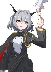 Rule 34 | 1girl, 1other, absurdres, aiguillette, arknights, arm up, black cape, black eyes, black horns, black jacket, cape, commentary, fubou (0503oekaki24), grey hair, hair intakes, highres, horns, jacket, long sleeves, looking up, open mouth, out of frame, red cape, sad smile, short hair, simple background, solo focus, talulah (arknights), talulah the fighter (arknights), tearing up, two-sided cape, two-sided fabric, white background