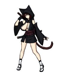 absurdres bare_legs bare_shoulders black_eyes breasts cat_girl cat_tail fingerless_gloves gloves highres huge_breasts katana kosmic91 narrow_waist ninja red_hair risa_akiyama short_hair sword tail vivid_dead weapon