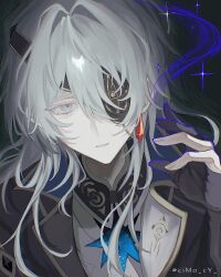 Rule 34 | 1boy, anaxa (honkai: star rail), aqua eyes, aqua hair, black background, black coat, black gloves, chain, coat, collared coat, colored eyelashes, crystal earrings, cyn ouo, dark, earrings, eyepatch, from above, gloves, gold chain, hair between eyes, hair intakes, hand up, highres, hole in chest, hole on body, honkai: star rail, honkai (series), jewelry, long hair, looking to the side, low ponytail, male focus, multicolored eyes, parted lips, partially fingerless gloves, pink eyes, ponytail, raised inner eyebrows, side ponytail, solo, sparkle, swirl, white undershirt