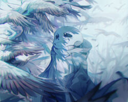 1boy bird black_pants blue_jacket bright_pupils cowboy_shot dove eye_socket flock grin hands_in_pockets heichiyo highres hood hood_down hooded_jacket jacket light_particles long_sleeves looking_at_animal male_focus open_clothes open_jacket pants sans_(undertale) shade skeleton smile solo standing sweater sweatpants turtleneck turtleneck_sweater undertale white_background white_pupils white_sweater zipper