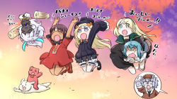 &gt;_&lt; +_+ 2boys 4girls :3 :d &gt;_&lt; abigail_williams_(fate) animal arjuna_(fate) arjuna_alter_(fate) arms_up asha_(fate) black_dress black_footwear black_hair black_headwear blonde_hair bloomers blush_stickers boots bow brown_footwear brown_headwear brown_jacket newsboy_cap capelet chikuwa closed_eyes closed_mouth cloud commentary_request crossed_bandaids dark-skinned_female dark_skin dog dress fate/grand_order fate_(series) food furry gerda_(fate) green_capelet green_eyes hair_bow hat highres hope_(fate) jacket jumping kirara_jump long_hair long_sleeves multiple_boys multiple_girls neon-tetora open_mouth orange_bow outdoors parted_bangs patxi_(fate) pointy_ears red_dress shoes short_sleeves sky sleeves_past_fingers sleeves_past_wrists smile socks stuffed_animal stuffed_toy sunset teddy_bear translation_request underwear v-shaped_eyebrows very_long_hair white_bloomers white_hair white_legwear xd