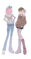 2girls 673_q alternate_costume alternate_hairstyle artist_name aubrey_(faraway)_(omori) aubrey_(omori) bare_shoulders belt bikini bikini_top_only black_skirt blush boots bow bracelet breasts brown_belt brown_boots butterfly_necklace cabbie_hat chain chain_necklace choker cleavage closed_mouth collarbone commentary crop_top denim denim_skirt double-parted_bangs dual_persona english_commentary flat_chest front-tie_top full_body glasses gold_necklace green_bow green_hat hair_between_eyes hair_bow halftone hands_on_own_hips hat high_ponytail highres jewelry knee_boots knees_together_feet_apart legs legs_apart long_hair long_legs long_sleeves looking_at_viewer medium_breasts miniskirt multiple_girls navel necklace off-shoulder_sweater off_shoulder omori open-toe_shoes open_mouth pink-tinted_eyewear pink_hair ponytail puffy_long_sleeves puffy_sleeves red_bikini ribbed_sweater see-through_clothes see-through_shirt shirt shoes short_sleeves side-by-side side_ponytail sidelocks simple_background skirt smile standing sweater swimsuit tinted_eyewear toes white_background white_shirt white_shoes