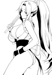 1girl ass blush breasts clash_kuro_neko closed_mouth fingerless_gloves from_behind gloves hand_fan highres holding holding_fan large_breasts long_hair looking_at_viewer looking_back ponytail revealing_clothes shiranui_mai sideboob solo the_king_of_fighters very_long_hair