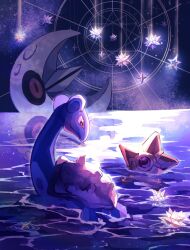 afloat brown_eyes closed_mouth commentary_request creatures_(company) eko_(wk_egg) game_freak gen_1_pokemon gen_3_pokemon highres lapras looking_down lunatone night nintendo no_humans outdoors pokemon pokemon_(creature) reflection smile staryu twitter_username water watermark
