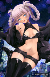 Rule 34 | 1girl, artist name, bare shoulders, black boots, black jacket, black nails, black shorts, blue eyes, blunt bangs, boots, braid, braided hair rings, breasts, cityscape, cleavage cutout, clothing cutout, commentary request, crop top, fangs, hair rings, highres, jacket, kamaniki, looking at viewer, nanakusa nazuna (yofukashi no uta), navel, night, night sky, off shoulder, pink hair, short shorts, shorts, sky, sleeveless, small breasts, smile, solo, stomach, thigh boots, yofukashi no uta