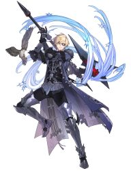 1boy absurdres armor arms_up artist_request axe bird bishounen black_pants black_vest blonde_hair blue_coat boots coat commission eyepatch facial_scar falcon full_body fur-trimmed_collar fur-trimmed_sleeves fur_trim grey_boots grey_coat grin highres holding holding_polearm holding_weapon knee_up layered_clothes magic male_focus multicolored_coat open_clothes open_coat original pants parted_lips polearm print_vest scar scar_on_cheek scar_on_face second-party_source shirt short_hair sideways_glance simple_background smile solo standing standing_on_one_leg tachi-e thigh_boots transparent_background two-handed two-sided_coat two-sided_fabric untucked_shirt vest weapon