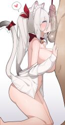 1boy 1girl absurdres animal_ear_fluff animal_ears bell blue_eyes blush breasts cat_ears cat_girl cat_tail erection from_side grey_hair h.pn heart hetero highres jingle_bell kneeling large_breasts long_hair maid_headdress navel neck_bell original penis penis_on_face shirt solo_focus spoken_heart tail testicles uncensored veins veiny_penis white_shirt