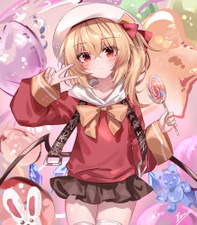 1girl absurdres balloon blonde_hair blush bow candy crystal crystal_wings flandre_scarlet food hair_ornament hat heart_balloon highres holding holding_candy holding_food holding_lollipop jacket lollipop long_sleeves looking_at_viewer multicolored_wings red_bow red_eyes red_jacket red_skirt skirt smile solo star_balloon swirl_lollipop thighhighs top-exerou touhou v white_thighhighs wings