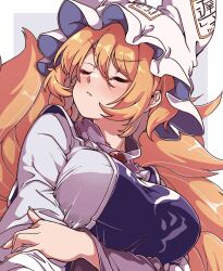 1girl animal_ears blonde_hair blue_tabard blush border breasts brooch closed_eyes closed_mouth commentary_request dutch_angle fox_ears fox_girl fox_tail frilled_shirt_collar frills from_below gokuu_(acoloredpencil) grey_background hat highres holding_own_arm jewelry kitsune large_breasts long_sleeves looking_at_viewer mob_cap multiple_tails ofuda ofuda_on_clothes outside_border red_brooch short_hair solo tabard tail touhou white_border white_hat white_trim yakumo_ran