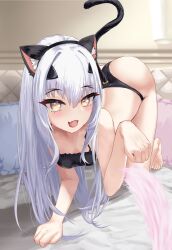 1girl all_fours animal_ears bare_shoulders barefoot black_bra black_panties blush bra breasts cat_ears cat_tail fake_animal_ears fake_tail fate/grand_order fate_(series) forked_eyebrows highres long_hair looking_at_viewer melusine_(fate) open_mouth panties sidelocks small_breasts smile solo tail tutuuraura88 underwear white_hair yellow_eyes