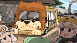1boy 1other 2girls :3 absurdres animal-themed_vehicle binoculars bird black_eyes black_scarf bus commentary diva_(hyxpk) donut_stamp duck english_commentary green_hat grey_hair hat highres holding holding_binoculars motor_vehicle multiple_girls penguin_keeper_(diva) scarf sea_otter_keeper_(diva) seal_keeper_(diva) sweatdrop tree zoo zookeeper zookeepers_(diva)
