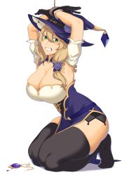 1girl absurdres armpits black_gloves blonde_hair blush bound bound_wrists breasts detached_sleeves dress dyun full_body genshin_impact gloves green_eyes hair_between_eyes hair_over_shoulder hands_up hat highres huge_breasts jewelry kneeling lisa_(genshin_impact) long_hair looking_at_viewer necklace pelvic_curtain puffy_detached_sleeves puffy_short_sleeves puffy_sleeves purple_dress purple_hat short_sleeves simple_background skindentation solo thick_thighs thighhighs thighs tiptoes unworn_jewelry unworn_necklace white_background wide-eyed witch_hat