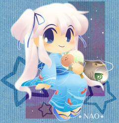 1girl bad_id bad_pixiv_id blue_eyes female_focus hand_fan japanese_clothes kimono mabinogi nao_(mabinogi) paper_fan solo twintails u_(usaceleb) uchiwa white_hair