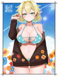 Rule 34 | 1girl, alternate costume, artist name, bikini, black jacket, blonde hair, blue bikini, blue flower, blush, border, breasts, cleavage, closed mouth, cowboy shot, earrings, expressionless, fingernails, floral print, flower, green eyes, green nails, hair intakes, highres, jacket, jewelry, large breasts, lens flare, long hair, looking at viewer, mizuhashi parsee, nail art, navel, open clothes, open jacket, orange flower, pointy ears, short hair, solo, sun, swimsuit, tomekami, touhou, watermark, watermark grid, white border