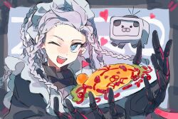 Rule 34 | 1boy, :d, apron, black dress, blue eyes, braid, crossdressing, dress, food, grey hair, hashtag-only commentary, heart, highres, holding, holding plate, juliet sleeves, long hair, long sleeves, looking at viewer, maid, maid apron, maid headdress, male focus, male maid, nasix68, omelet, omurice, one eye closed, open mouth, plate, pose imitation, puffy sleeves, smile, solo, teeth, tribe nine, upper teeth only, zero (plush) (tribe nine), zero (tribe nine)