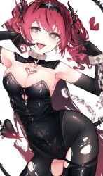 1girl absurdres armpits arms_up bare_shoulders black_gloves blunt_bangs blush breasts chain cleavage covered_navel cowboy_shot cross cross_earrings demon_girl demon_tail earrings elbow_gloves gloves hair_between_eyes heart heart-shaped_pupils highres jewelry long_hair looking_at_viewer medium_breasts navel non-pubic_inmon original pantyhose pubic_tattoo red_hair reizouko smile solo symbol-shaped_pupils tail tattoo thighs tongue tongue_out torn_clothes twintails white_background
