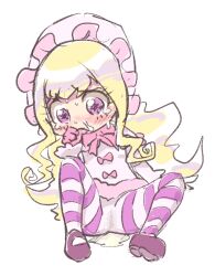 1girl blonde_hair blush bonnet bow dress embarrassed flat_chest gloves k-nattoh loli lolita_fashion long_hair long_sleeves looking_down marie_&amp;_gali mary_janes norika pantyhose peeing peeing_self pink_bow pink_eyes pink_gloves puddle purple_shoes shoes sitting spread_legs striped_clothes striped_pantyhose sweat tears thumb_sucking wet wet_clothes wet_pantyhose white_background white_dress white_pantyhose
