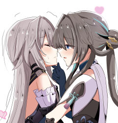 2girls absurdres akabeko123 black_hair blue_gloves blush brown_hair closed_eyes detached_sleeves elbow_gloves facing_another gloves green_eyes green_hair hand_on_another&#039;s_chin heart herta_(honkai:_star_rail) highres honkai:_star_rail honkai_(series) long_hair looking_at_another multicolored_hair multiple_girls ruan_mei_(honkai:_star_rail) simple_background streaked_hair the_herta_(honkai:_star_rail) two-tone_hair white_background yuri