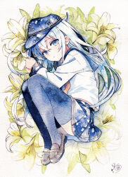 1girl absurdres baseball_cap blue_eyes blue_hat blue_sailor_collar blue_skirt blue_thighhighs brown_shoes fantasydolce fetal_position full_body hat hibiki_(kancolle) highres kantai_collection loafers long_hair long_sleeves looking_at_viewer lying on_side own_hands_together painting_(medium) sailor_collar school_uniform shirt shoes signature skirt solo thighhighs traditional_media very_long_hair watercolor_(medium) white_hair white_shirt