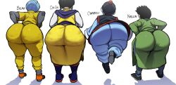 2boys 2girls ass black_hair blackwhiplash blue_hair breasts bulma chaozu chi-chi_(dragon_ball) clothes dragon_ball dragon_ball_super earrings flying highres huge_ass jewelry kuririn looking_back medium_breasts multiple_boys multiple_girls piercing short_hair simple_background white_background