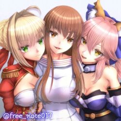 3girls ahoge animal_ear_fluff animal_ears blue_kimono braid breasts brown_hair cleavage closed_mouth detached_collar detached_sleeves dress fate/extella fate/extra fate_(series) fox_ears fox_girl gatagata_furuete_tachimukau green_eyes hair_between_eyes hair_intakes japanese_clothes kimono kishinami_hakuno_(female) large_breasts long_hair long_sleeves looking_at_viewer multiple_girls nero_claudius_(fate) open_mouth orange_eyes pink_hair puffy_long_sleeves puffy_sleeves red_dress simple_background smile tamamo_(fate) tamamo_no_mae_(fate) twitter_username white_background white_dress wide_sleeves yellow_eyes