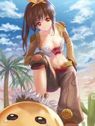 1girl blue_sky bow bow_bra bra breasts brown_eyes brown_gloves brown_hair brown_jacket brown_shorts cactus cleavage closed_mouth cloud commentary_request drops_(ragnarok_online) foot_out_of_frame gloves hair_bow jacket korean_commentary long_hair long_sleeves looking_at_viewer medium_breasts midriff moai_(aoh) navel orange_bow outdoors palm_tree ponytail ragnarok_online red_bow shorts shrug_(clothing) sky slime_(creature) smile solo thief_(ragnarok_online) tree underwear white_bra
