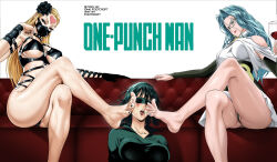 3girls alcohol aqua_hair ass bare_legs bare_shoulders barefoot bdsm black_hair blindfold blonde_hair blue_hair bondage bondage_outfit bound breasts couch covered_eyes crossed_legs cup dress drinking_glass earrings facial_mark feet femdom flower foot_croft fubuki_(one-punch_man) gag glasses gloves green_eyes green_hair hair_flower hair_ornament holding holding_cup jewelry large_breasts legs long_hair looking_at_viewer multiple_girls nail_polish one-punch_man open_mouth panties short_hair sitting toes tongue tongue_out underwear white_dress wine_glass