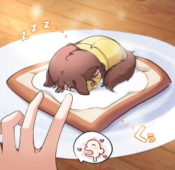 1boy 1girl animal_ears bone_hair_ornament braid bread bread_slice breakfast brown_hair chibi commentary_request curled_up dog_ears dog_girl dog_tail egg_(food) food from_above from_side hair_ornament hana_s head_down heart highres hololive image_in_speech_bubble indoors inugami_korone inugami_korone_(1st_costume) listener_(inugami_korone) out_of_frame oversized_food oversized_object plate reaching reaching_towards_another signature sleeping solo_focus sound_effects tail toast twin_braids twitter_username zzz