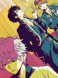 3boys ascot belt black_hair blonde_hair blowing_smoke blue_eyes blue_jacket blue_pants cigarette collared_jacket commentary dutch_angle gintama hand_in_pocket highres hijikata_toushirou holding holding_cigarette jacket jitome limited_palette long_sleeves male_focus mask mask_on_head miku_namu multiple_boys okita_sougo open_clothes open_jacket pants parted_lips profile sakata_gintoki short_hair sleep_mask smoking swept_bangs yellow_eyes