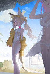 Rule 34 | 2girls, absurdres, adjusting eyewear, animal ear fluff, animal ears, bare arms, bare legs, bare shoulders, beach, bikini, blonde hair, blue archive, closed mouth, covered navel, feathered wings, flat chest, fox ears, fox girl, fox tail, hair over one eye, halo, highleg, highleg one-piece swimsuit, highres, jacket, long hair, looking at another, looking at viewer, mika (blue archive), mika (swimsuit) (blue archive), multiple girls, navel, official alternate costume, official alternate hairstyle, one-piece swimsuit, open mouth, pink-tinted eyewear, pink eyes, pink hair, sand castle, sand sculpture, seia (blue archive), seia (swimsuit) (blue archive), side ponytail, stomach, sunglasses, swimsuit, tail, tinted eyewear, visor cap, white bikini, white one-piece swimsuit, white wings, wings, xin1, yellow eyes, yellow halo, yellow jacket