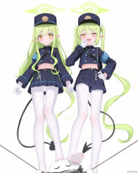:d armband black_jacket blue_archive blue_hat blue_shorts blue_skirt blush commentary_request cropped_jacket demon_tail doodle_sensei_(blue_archive) gloves green_hair halo han_(hehuihuihui) hand_on_own_hip hat hikari_(blue_archive) jacket long_hair midriff navel no_shoes nozomi_(blue_archive) open_mouth orange_eyes panties panties_under_pantyhose pantyhose pantyhose_under_shorts pleated_skirt pointy_ears restrained sensei_(blue_archive) shako_cap short_shorts shorts simple_background skirt smile stepped_on tail twintails twitter_username underwear very_long_hair white_background white_gloves white_panties white_pantyhose