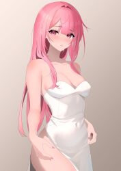 1girl absurdres bare_shoulders blush breasts collarbone commentary covered_navel dress english_commentary fingernails grey_background hair_intakes highres hololive hololive_english layunaart long_hair looking_at_viewer mori_calliope nail_polish parted_lips pink_eyes pink_hair pink_nails side_slit solo strapless strapless_dress thighs virtual_youtuber white_dress