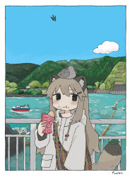1girl animal_ears bag bird blue_sky boat brown_hair cloud coat commentary_request copyright_request dock drawstring eating food food_on_face fumiko_(rubra_plumeria) green_eyes hair_ornament hairclip highres holding holding_food hood hood_down hooded_coat leaf long_hair looking_at_viewer mountain raccoon_ears raccoon_girl raccoon_tail railing shoulder_bag sky solo tail tree water watercraft white_coat