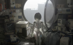 1girl 3d absurdres amplifier android artistic_error bed black_hair blunt_bangs book book_stack bookshelf breasts building cable colored_skin computer_keyboard crt day electrical_outlet female_focus grey_theme highres indoors legs_together looking_at_viewer medium_breasts monitor navel novelance open_window original red_eyes round_window scenery short_hair sitting solo white_skin window