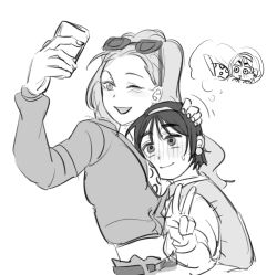 2girls alien_stage blush cellphone cheek-to-breast commentary earrings english_commentary eyewear_on_head greyscale hairband highres holding holding_phone jewelry long_hair mizi_(alien_stage) monochrome multiple_girls official_alternate_costume one_eye_closed open_mouth phone selfie smartphone smile speech_bubble sphere_earrings sua_(alien_stage) the_quipper thought_bubble v yuri