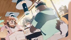 4boys 6xiachunqiu7 animal_ears bara chopsticks closed_eyes closed_mouth commentary dog_boy dog_ears dog_nose english_commentary facial_scar furry furry_male highres holding holding_chopsticks holding_tongs horkeu_kamui lion_boy lion_ears lion_mane looking_down looking_to_the_side male_focus moritaka_(housamo) multiple_boys open_mouth original ross_lion scar scar_across_eyebrow scar_on_cheek scar_on_face shino_(housamo) smile tail tokyo_houkago_summoners tongs wolf_boy wolf_ears wolf_tail yakiniku
