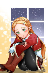 1girl alternate_color black_pants blonde_hair blush boots braid brown_boots brown_gloves closed_mouth commentary_request crown_braid fingerless_gloves gloves green_eyes high_heel_boots high_heels highres long_hair looking_at_viewer nintendo pants pointy_ears princess_zelda red_shirt shirt sitting smile snowing solo the_legend_of_zelda the_legend_of_zelda:_breath_of_the_wild tight_clothes tight_pants wasabi_(legemd) window yellow_background
