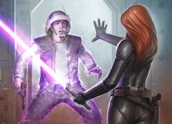 1boy 1girl belt black_bodysuit black_gloves black_pants black_vest bodysuit brown_belt energy_sword gloves gun handgun holding holding_gun holding_sword holding_weapon lightsaber long_hair luseczkaklusecka mara_jade open_clothes open_vest orange_hair pants purple_lightsaber rebel_soldier_(star_wars) shirt star_wars sword vest weapon white_shirt
