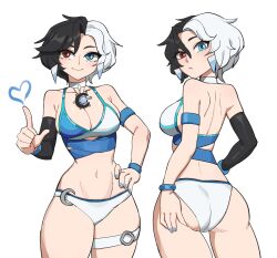 1girl alternate_costume ass bikini black_hair blue_eyes blue_nails breasts choker cleavage closed_mouth commentary cowboy_shot hand_on_own_hip heart heterochromia highres hyyun_ho index_finger_raised large_breasts looking_at_viewer luna_snow marvel marvel_rivals multicolored_hair multiple_views red_eyes short_hair simple_background smile split-color_hair swimsuit thigh_strap two-tone_hair white_background white_bikini white_choker white_hair