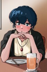 1girl alcohol beer beer_mug blue_eyes blue_hair blush braid brown_background chopsticks crown_braid cup drunk gem highres maison_ikkoku mug non-web_source otonashi_kyouko plate poppowerhearts red_gemstone solo table wooden_chair wooden_table