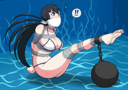 ! !! 10s 1girl angry arms_behind_back bad_deviantart_id bad_id ball_and_chain_restraint barefoot bdsm bikini black_hair blue_eyes bondage bound breast_bondage breasts cleavage cloth_gag feet female_focus gag gagged improvised_gag jam-orbital kill_la_kill kiryuuin_satsuki large_breasts long_hair navel peril rope solo swimsuit thick_eyebrows toes underboob underwater white_bikini