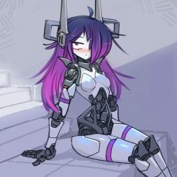 1girl absurdres ahoge arm_support blue_hair blush breasts colored_skin frown gradient_hair hair_over_one_eye highres humanoid_robot joints long_hair looking_to_the_side mechabare medium_breasts multicolored_hair narrow_waist no_nose nradiowave original purple_eyes purple_hair purple_trim robot robot_ears robot_joints sitting sketch_background solo white_skin