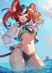 2girls alternate_costume animal_ear_fluff animal_ears arm_up bikini black_collar black_hair blue_eyes blue_sky breasts bubble clothes_writing cloud collar commentary cowboy_shot cropped_jacket day diffraction_spikes english_commentary english_text eyewear_on_head fingernails flame_print hair_between_eyes hakos_baelz hand_on_own_hip highres hololive hololive_english jacket klopsiak koseki_bijou lens_flare light_rays long_hair long_sleeves looking_at_viewer medium_breasts mouse_ears mouse_girl mouse_tail multicolored_bikini multicolored_hair multiple_girls nail_polish navel ocean open_clothes open_jacket open_mouth outdoors red_hair red_nails shading_eyes sharp_teeth sky smile solo_focus spiked_collar spikes standing stomach streaked_hair sunbeam sunglasses sunlight swimsuit tail teeth twintails two-sided_fabric two-sided_jacket underboob virtual_youtuber wading water wet white_hair white_jacket zipper