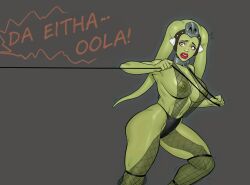 1girl alien black_panties collar demogoron fishnets grey_background highres leash metal_collar nipples oola panties red_lips simple_background star_wars twi&#039;lek underwear