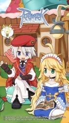 1boy 1girl :d :o ahoge animal_ears beret biolo_(ragnarok_online) black_gloves black_necktie black_shoes blonde_hair blue_dress blue_eyes breasts cardinal_(ragnarok_online) cat_ears cleavage_cutout clothing_cutout coat collared_shirt copyright_notice dress eyes_visible_through_hair fake_animal_ears fingerless_gloves food frilled_sleeves frills full_body gloves green_eyes grey_hair hair_between_eyes hat high_collar highres holding holding_map house light_bulb logo long_bangs long_hair long_sleeves macaron maid_headdress map necktie official_art official_wallpaper open_clothes open_coat open_mouth outdoors pants purple_vest ragnarok_online red_coat red_hat shirt shoes short_hair side_slit sitting small_breasts smile spoken_light_bulb two-tone_dress very_long_hair vest wariza white_dress white_pants white_shirt yuichirou