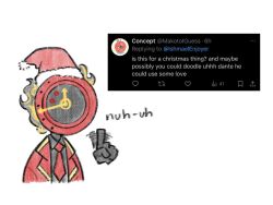 1other black_shirt chibi clock coat collared_shirt dante_(limbus_company) fire gold_trim hat lapels limbus_company necktie notched_lapels object_head project_moon red_coat red_necktie request_inset santa_hat shirt wagging_finger yongsa_(ishmaelenjoyer)