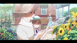 Rule 34 | 1boy, 2girls, aqua bow, axis powers hetalia, bandaged neck, bandages, belarus (hetalia), black border, blonde hair, blue dress, blue ribbon, blue sky, blush, border, bow, breasts, brother and sister, brown hat, bush, cherry tomato, closed eyes, closed mouth, cloud, cloudy sky, collared dress, commentary request, cup, day, dress, drinking glass, fingernails, flower, food, garden, grey hair, hairband, hand up, hands up, hat, hat bow, highres, holding, holding hose, holding tray, hose, house, large breasts, leaf, lemonade, long hair, looking at another, looking to the side, multiple girls, neck ribbon, open mouth, orange flower, outdoors, pcpc onaka, pink flower, pointing, puffy short sleeves, puffy sleeves, purple dress, purple eyes, purple flower, ribbon, russia (hetalia), sandals, scarf, shirt, short hair, short sleeves, siblings, sidelocks, sisters, sky, smile, standing, striped clothes, striped dress, summer, sun hat, sunflower, sweat, t-shirt, tomato, tray, tree, ukraine (hetalia), vegetable, walking, water, white flower, white hairband, white hat, white sandals, white scarf, white shirt, window, yellow flower