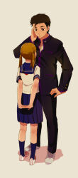 1boy 1girl :/ arms_behind_back blonde_hair blue_skirt blue_socks breast_pocket brown_eyes brown_hair elbow_blush fingernails from_behind full_body gakuran hair_slicked_back hand_on_own_face hand_on_own_hip height_difference interlocked_fingers ishigaki_koutarou kneehighs lone_nape_hair looking_at_another looking_down looking_up loose_hair_strand medium_hair pants partially_unbuttoned pleated_skirt pocket sailor_collar school_uniform serafuku shadow shoes short_hair short_sleeves simple_background skirt socks standing thick_eyebrows twintails uwabaki white_background yowamushi_pedal yuhka yuki-chan_(yowamushi_pedal)
